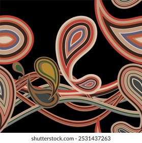 abstract seamless pattern with curved and wavy shapes in shades of red, brown, green and blue on a black background. The shapes resemble feathers or stylized leaves