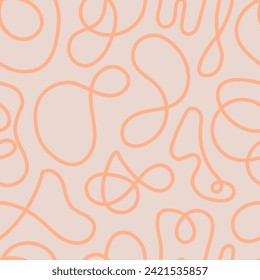 Abstract seamless pattern with curvy line shapes. Hand drawn orange and gray background. Minimal neutral design with liquid elements, scribbles, squiggles and doodles. Repeat vector illustration