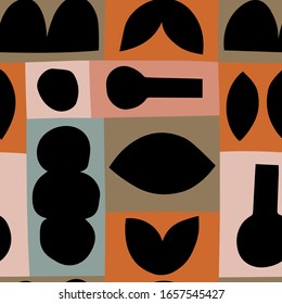 Abstract seamless pattern with Cut Out geometric shapes in Scandinavian style. Color block Folk art vector texture. Beautiful modern background with cute figures.