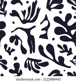 Abstract seamless pattern with cut out shapes. Black on white pattern inspired by Matisse on a white background. Trend vector illustration with fictional algae.