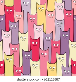Abstract seamless pattern with cute cats for girls, boys, clothes. Creative vector background with cat, eyes .Funny wallpaper for textile and fabric. Fashion style. Colorful bright.