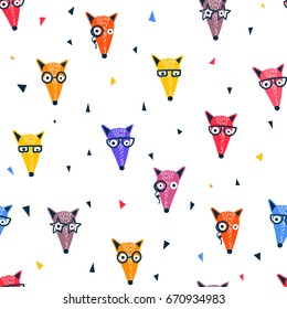 Abstract seamless pattern. Cute childish repeated backdrop with fox faces. Decorative animals character drawing in cartoon style