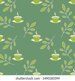 Abstract seamless pattern with cute cups of green tea and sprigs. Template decorative design for invitation, poster, card, flyer, banner, cafeteria. Kawaii characters. 