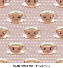 Abstract seamless pattern with cute cups of coffee on beige polka dots background. Template decorative design for invitation, poster, card, flyer, banner, cafeteria. Kawaii characters. 