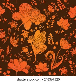 Abstract seamless pattern with cute fairy and flowers. Hand drawn pattern with elf girls. Can be used for cards, invitations, fabrics, wallpapers, ornamental template for design and decoration, etc