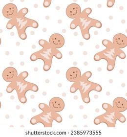 Abstract seamless pattern with a cute gingerbread man character on a white background, with pink decor. Universal template and stickers for postcards, banners, decoration
