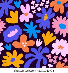 Abstract seamless pattern with cute hand drawn meadow flowers. Fashion stylish natural background. Hand drawn design elements for fabric, print, cover, banner, wrapping, wallpaper.