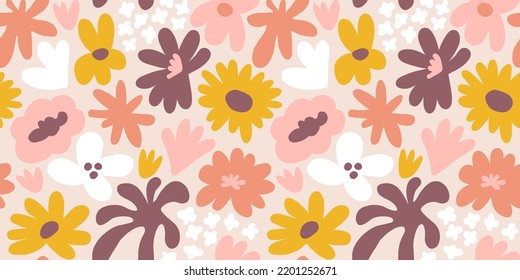 Abstract seamless pattern with cute hand drawn meadow flowers. Fashion stylish natural background. Hand drawn design elements for fabric, print, cover, banner, wrapping, wallpaper.