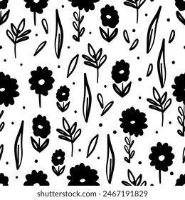 Abstract seamless pattern with cute hand drawn meadow flowers. Fashion stylish natural background. Hand drawn design elements for fabric, print, cover, banner, wrapping, wallpaper.