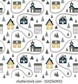 Abstract seamless pattern with cute houses, trees and road. Scandinavian style background. Vector Illustration.