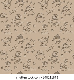 Abstract seamless pattern with a cute monsters and stars