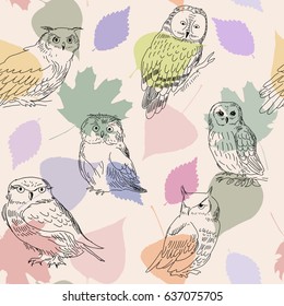 Abstract seamless pattern with a cute owls and leaves