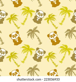 Abstract seamless pattern with cute panda bear, heart and coconut palm trees. Repeated background. Nature print texture. Cloth design. Wallpaper