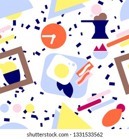 Abstract seamless pattern. Cute retro naive style. Country kitchen. Orange, blue geometric stripes, shapes. Kitchen items, vegetables eggs. Bright summer colors. For curtains or wrapping paper, fabric
