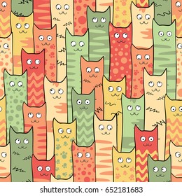 Abstract seamless pattern with cute texture cats for girls, boys, clothes. Creative vector background with cat, eyes .Funny wallpaper for textile and fabric. Fashion style. Colorful bright.