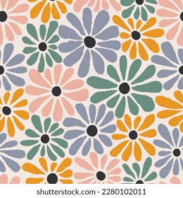 Abstract Seamless Pattern with Daisy Flowers. Trippy Floral Backgound in Retro Style of 1970. Vector Flower Power Summer Illustration. 