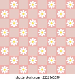 Abstract seamless pattern with daisy. Retro checkered pink background. Vector texture for print, textile, fabric.