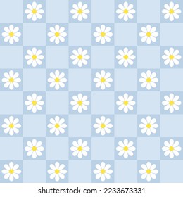 Abstract seamless pattern with daisy. Retro checkered blue background. Vector texture for print, textile, fabric.