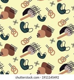 An abstract and seamless pattern. Dark green, free lines, brown anda soft brown 