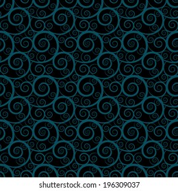 Abstract seamless pattern with dark lace waves on a black background. Floral ornament. Endless print silhouette texture - vector 