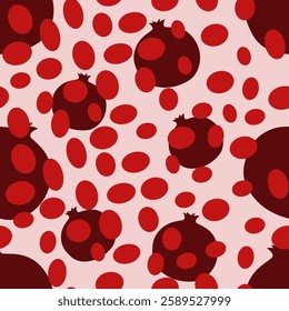 Abstract seamless pattern dark pomegranates with scattered red seeds on a pink background. A stylish and modern design, perfect for textiles, wallpaper, and decor.