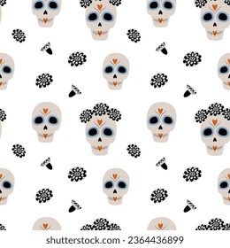 Abstract seamless pattern to Day of the Dead with Skulls, wreath and flowers. Dia de los muertos