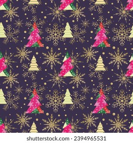 Abstract seamless pattern with decorated geometric trees with snowflakes. Purple Christmas pattern
