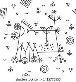 Abstract seamless pattern. A decorative animal having a complex angular shape with various morphological details. Line art pictures.