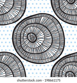 Abstract seamless pattern. Decorative black circle on a white background. Small blue circles on the background. Vector 