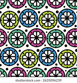 Abstract seamless pattern, decorative floral print with stylized plants in retro motif. Bright creative botanical design tile with geometric flowers buds, dots. Vector illustration.