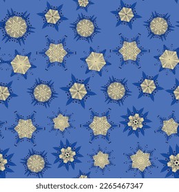 Abstract seamless pattern with decorative flowers, stars. Vector file for designs.