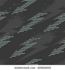 Abstract seamless pattern with decorative lightning, spray paint ink elements. Monochrome grey repeated backdrop. 