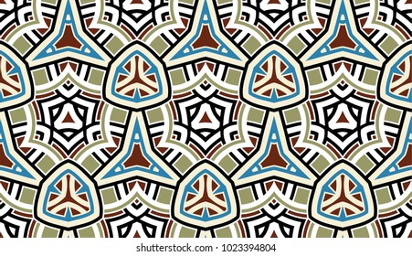Abstract seamless pattern with decorative ornament of blue, white, khaki, red, and black shades