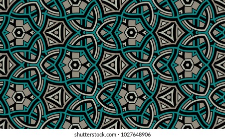 Abstract seamless pattern with decorative ornament of teal, gray, and black shades