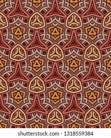 Abstract seamless pattern with decorative ornament of beige, golden, gray, and red shades