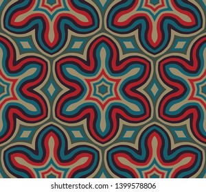 Abstract seamless pattern with decorative ornament of red, blue, purple, beige, and gray shades