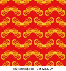 Abstract seamless pattern with decorative ornament. Symmetry red and yellow ornate elements on a red background. Vector illustration for print, design, decoration, wrapping paper, tile, fabric