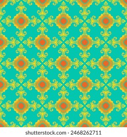 Abstract seamless pattern with decorative ornament. Symmetry red and yellow ornate elements on a green background. Vector illustration for print, design, decoration, wrapping paper, tile, fabric