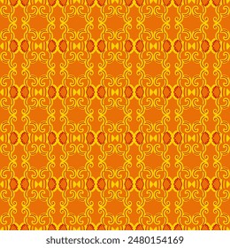 Abstract seamless pattern with decorative ornament. Symmetry yellow ornate elements on a red background. Vector illustration for print, design, decoration, wrapping paper, tile, fabric