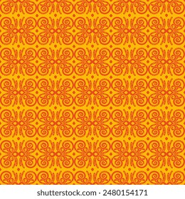 Abstract seamless pattern with decorative ornament. Symmetry yellow ornate elements on a red background. Vector illustration for print, design, decoration, wrapping paper, tile, fabric