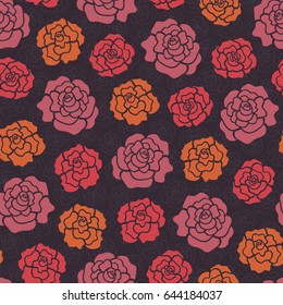 Abstract seamless pattern with decorative roses in red, pink and orange colors on dark brown background