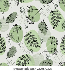 Abstract seamless pattern with  delicate dill on a retro background. Vector drawing of a sprig of dill.  Manual work. Great idea for postcard, calendar, holiday invitation, wrapping paper.