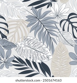 Abstract seamless pattern with delicate tropical plants and leaves on white background. Vector design. Jungle print.