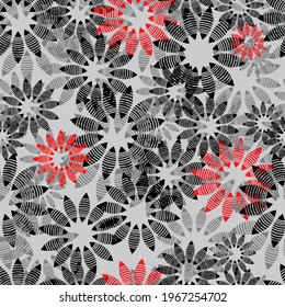 abstract seamless pattern depicting shapes in the form of stylized flowers in gray-black shades and with a touch of red, for prints on fabrics, packaging and also for interior decoration