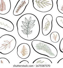 Abstract seamless pattern design with abstract blobs, hand drawn floral and fern leaves and branches. Tileable repeating background for branding,package, fabric and textile, wrapping paper