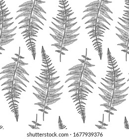 Abstract seamless pattern design with abstract blobs, hand drawn floral and fern leaves and branches. Tileable repeating background for branding,package, fabric and textile, wrapping paper