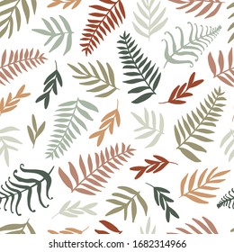Abstract seamless pattern design with abstract blobs, hand drawn floral and fern leaves and branches. Tileable repeating background for branding,package, fabric and textile, wrapping paper