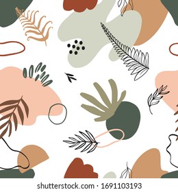 Abstract seamless pattern design with abstract blobs, hand drawn floral and fern leaves and branches. Tileable repeating background for branding,package, fabric and textile, wrapping paper