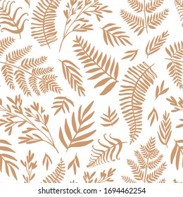 Abstract seamless pattern design with abstract blobs, hand drawn floral and fern leaves and branches. Tileable repeating background for branding,package, fabric and textile, wrapping paper