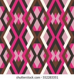 Abstract seamless pattern for design in brown and rose colors. Vector geometric background of triangles and squares. Texture for textile, clown, carpeting, warp, clothes